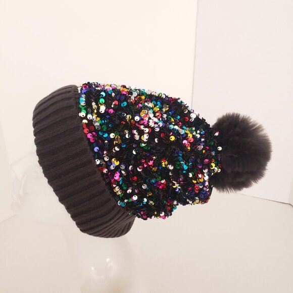 Dull Black Colorful Sequin Winter Beanie Bobble Hat - Picture 6 of 14